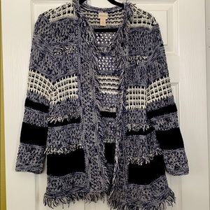 Chico's Navy and Cream Fringef Cardigan